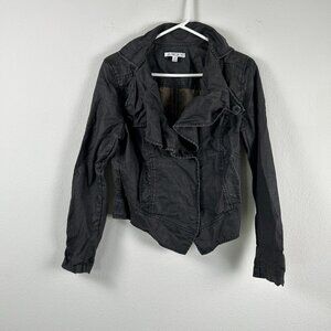 CABI Jacket Womens Size M Black Waxed Linen Moto Cropped Ruffled Style 901